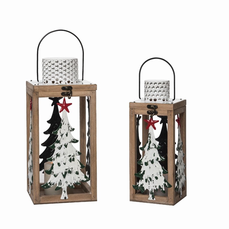 Transpac Wood/Metal Rustic Tree Lantern Kd, Set Of 2