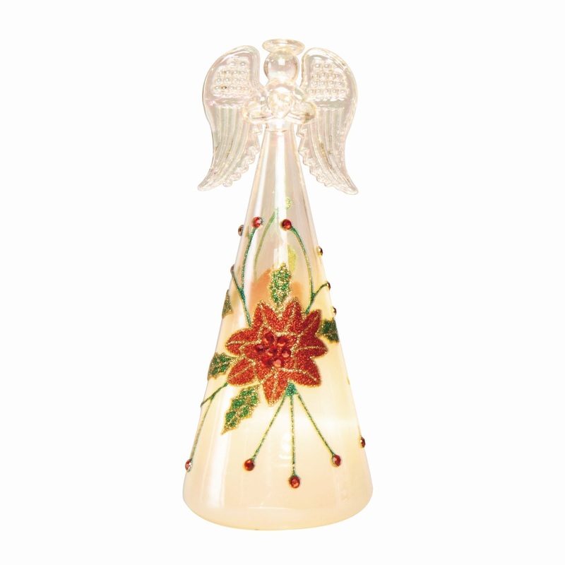 Transpac Glass Hand Painted Light Up Poinsettia Angel Decor