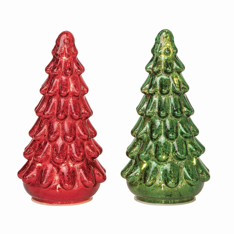 Transpac Glass Light Up Green/Red Tree Decor, Set Of 2, Assortment