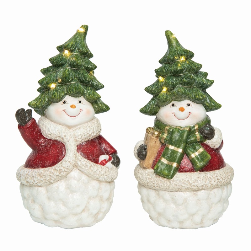 Transpac Large Terra Cotta Light Up Christmas Tree Snowman Decor, Set Of 2 Asst.