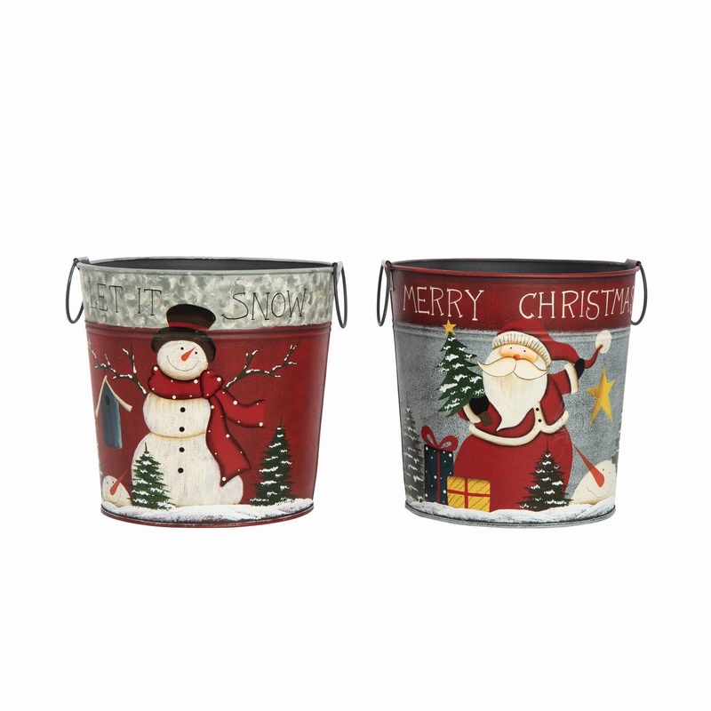 Transpac Metal Christmas Bucket, Set Of 2, Assortment