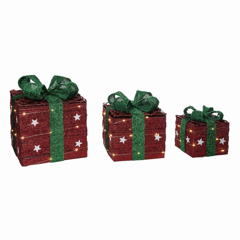 Transpac Metal Light Up Star Gift Box Decor, Set Of 3