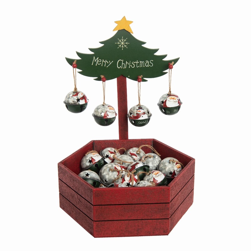 Transpac Metal Rustic Bell Ornaments With Plywood Crate Display, Set Of 36