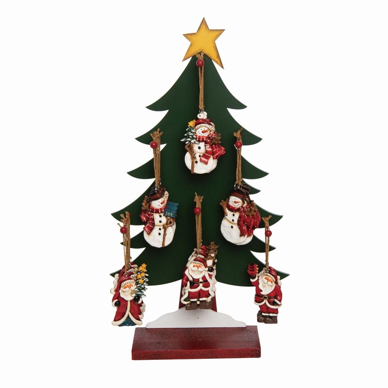 Transpac Plywood Santa & Snowman Ornaments With Tree Display, Set Of 36