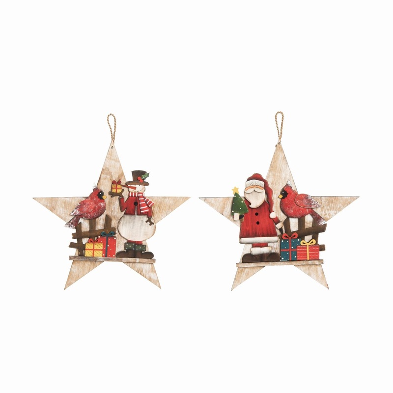 Transpac Plywood Star & Santa/Snowman Decor, Set Of 2, Assortment
