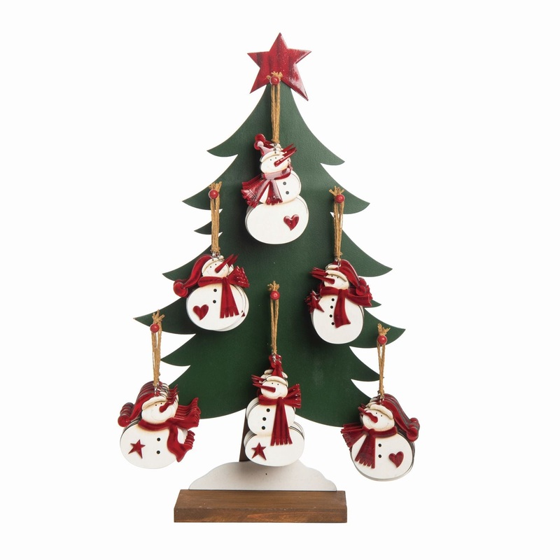 Transpac Plywood Sweet Snowman Ornaments With Tree Display, Set Of 48