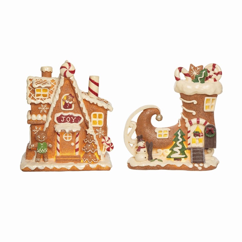 Transpac Resin Light Up Gingerbread Home, Set Of 2, Assortment