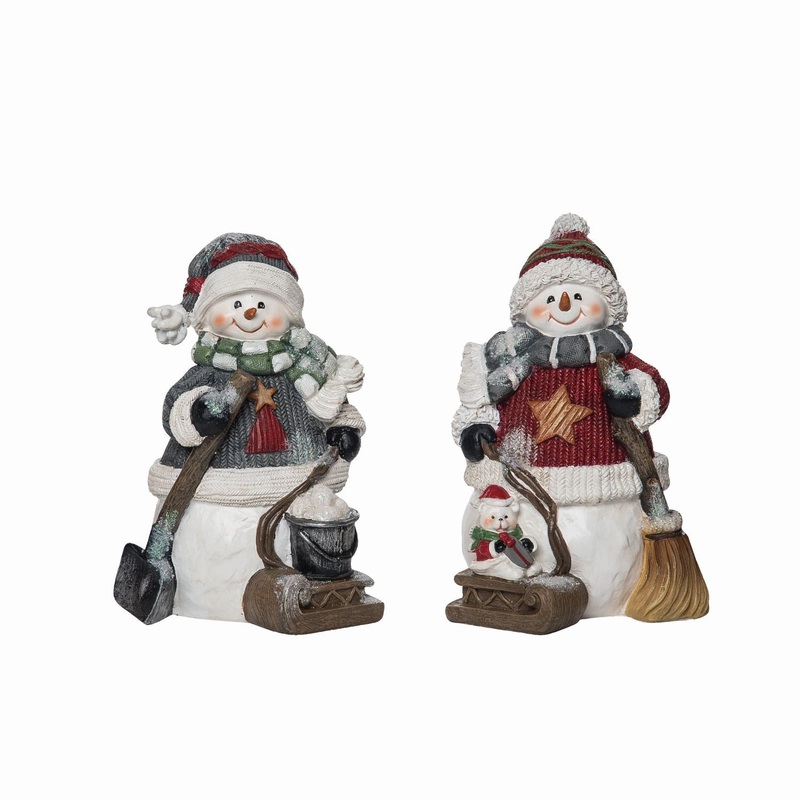 Transpac Resin Primitive Snowman With Sled Figurine, Set Of 2, Assortment