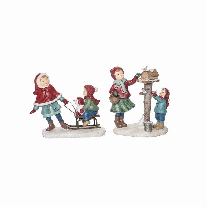Transpac Resin Vintage Christmas Snow Children Scene Decor, Set Of 2, Assortment
