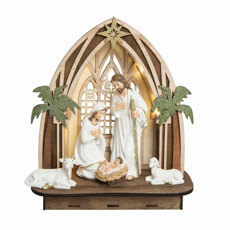 Transpac Resin/Wood Light Up Nativity & Creche, Set Of 6
