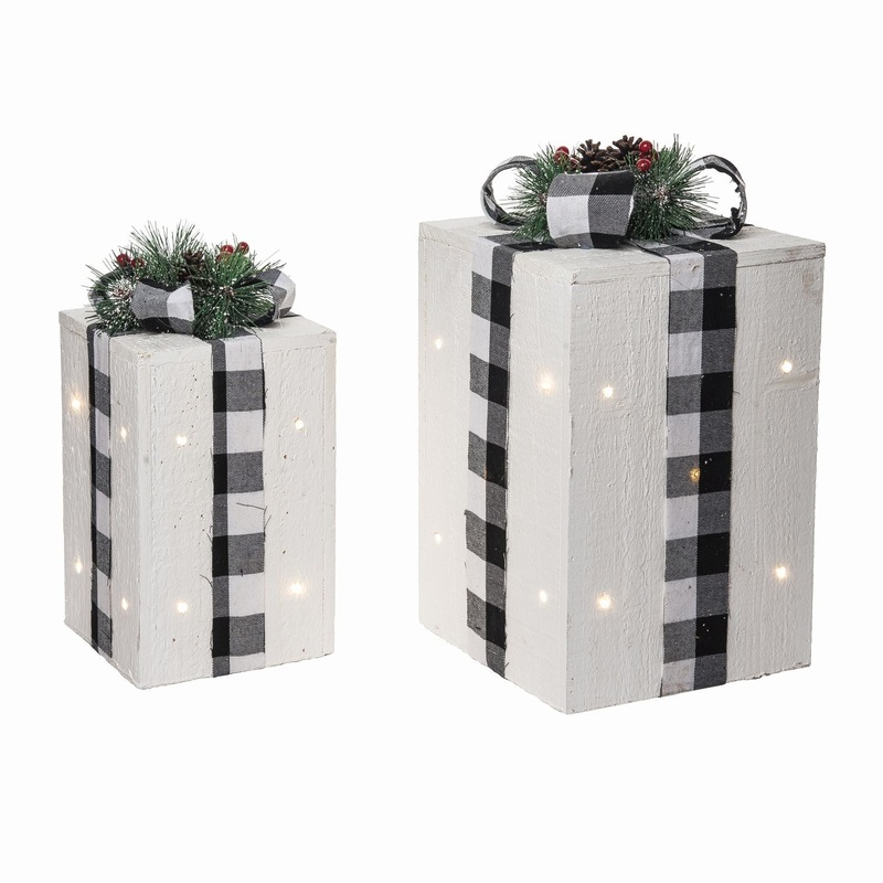 Transpac Wood Light Up Buffalo Check Bow Gift Decor, Set Of 2