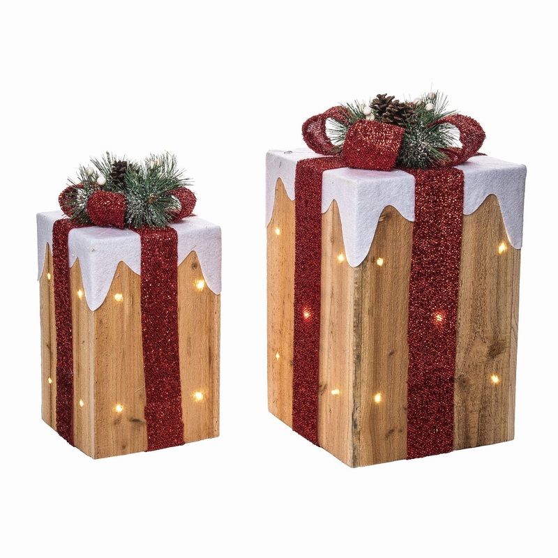 Transpac Wood Light Up Snow Covered Gift Decor, Set Of 2
