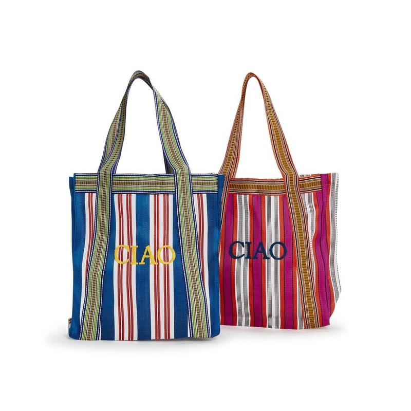 Two’s Company Ciao Tote Bag in Stripe Woven Fabric with Embroidered Terry Cloth Letters Assorted 2 Colors