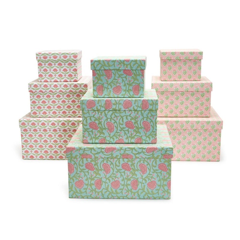 Two’s Company Floral Block Print Set of 9 Cotton Paper Nested Boxes Assorted 3 Patterns