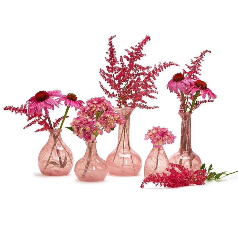 Two’s Company Pink Set of 5 Decorative Bottles / Vases with White Swirls
