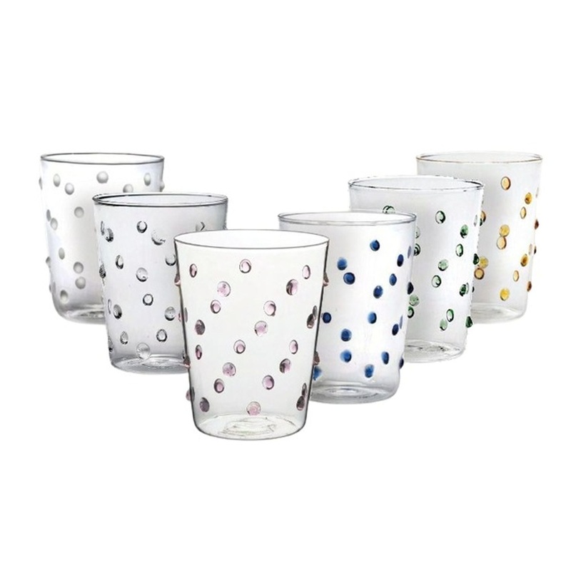 Gusto Buono 13.5oz Borosilicate Water Glass wtih Assorted Dot Colors, Set of 6, Designed in Italy