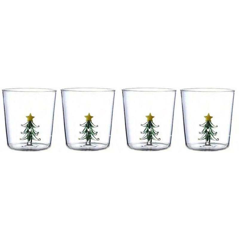 Gusto Buono Christmas World 10.5cm Borosilicate Water Glass 17.8oz with Christmas Tree Design Inside, Set of 4