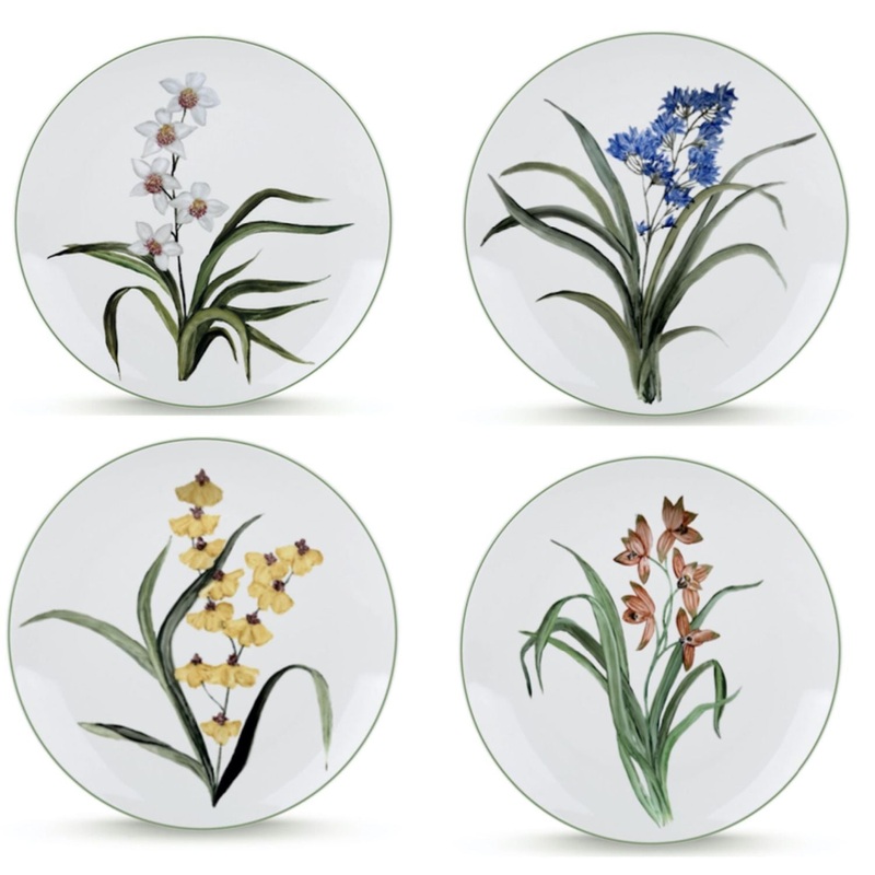 Gusto Buono Floral 7.5 Salad Plate Set of 4 Different Flower Designs, Gold Border, Porcelain, Designed in Italy