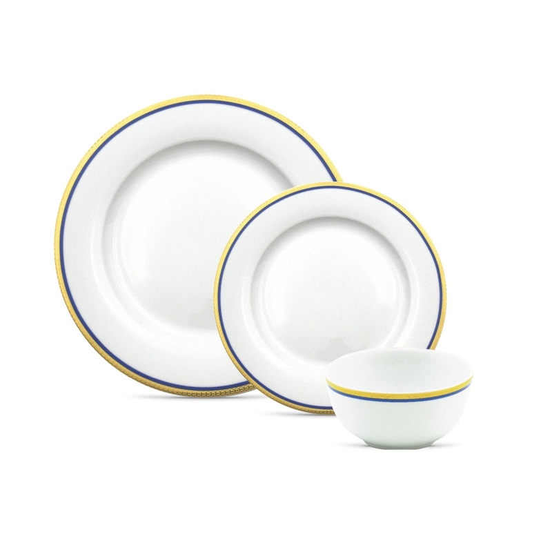 Gusto Buono Porcelain 12-Piece Dinner Set, 4 Cereal Bowls (5.5), 4 Salad Plates (7.5), and 4 Dinner Plates (10.5), Blue and Gold Finish Border