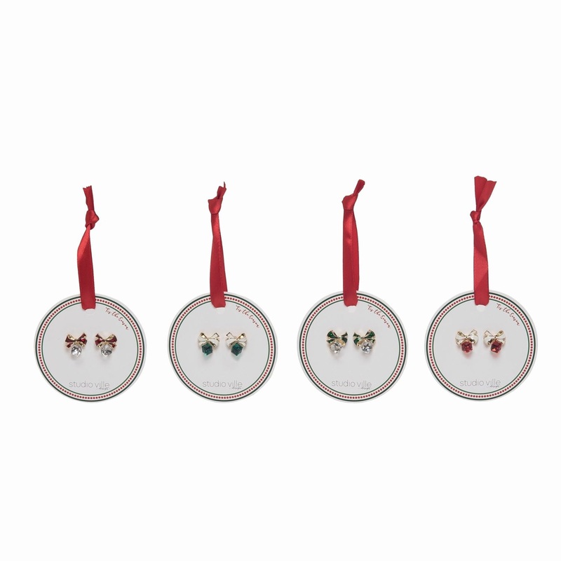 Transpac Bow With Crystal Earrings With Display, Set Of 24