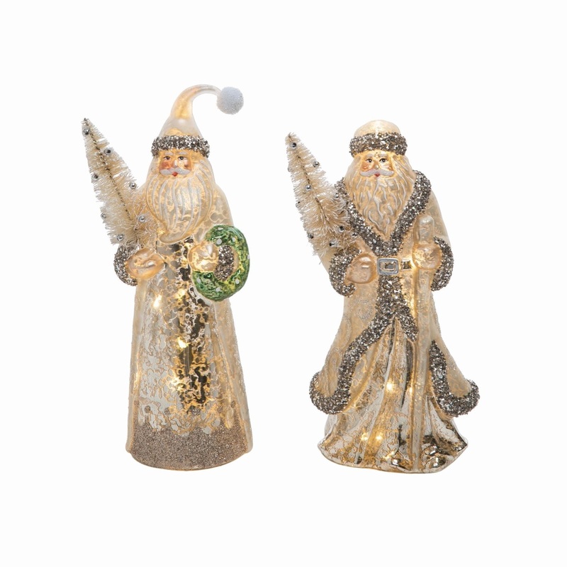 Transpac Glass Light Up Glitz Santa Decor, Set Of 2, Assortment
