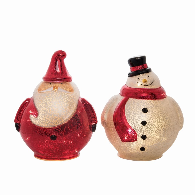 Transpac Glass Light Up Santa/Snowman, Set Of 2, Assortment