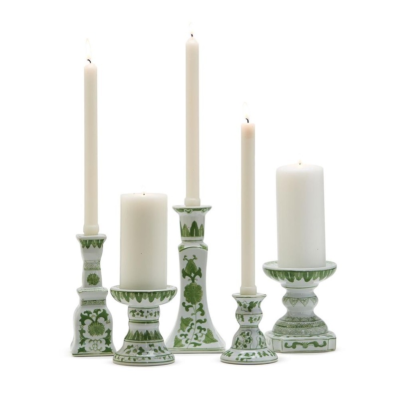 Two’s Company Countryside Set of 5 Green Candleholders in 3 Candlestick Holder and 2 Taper/Pillar Candle Holder