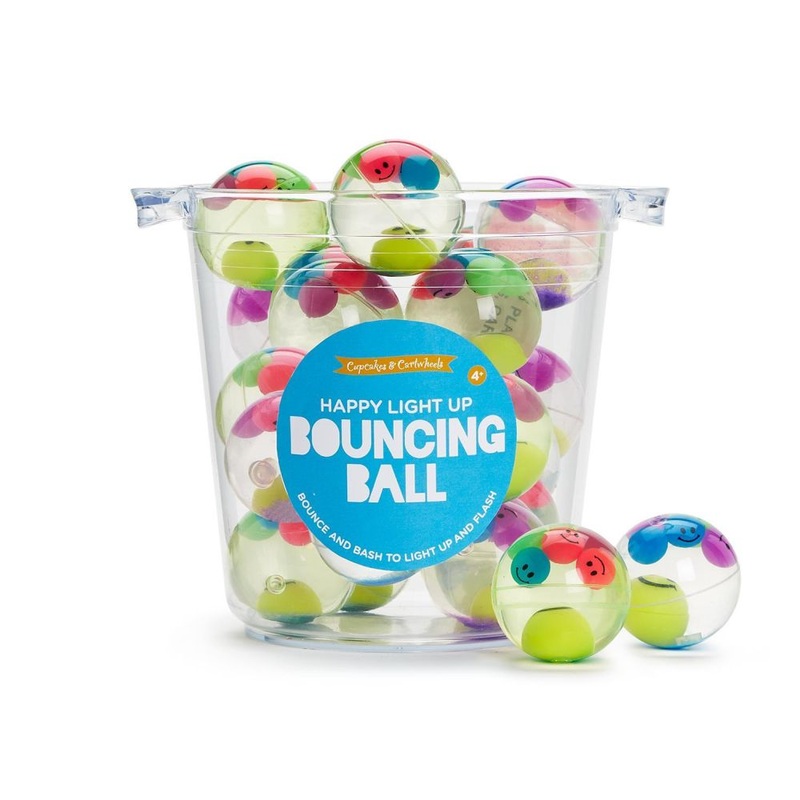 Two’s Company Happy 36-Pieces LED Glitter Bouncing Ball with Bucket Display – Plastic/TPR Rubber