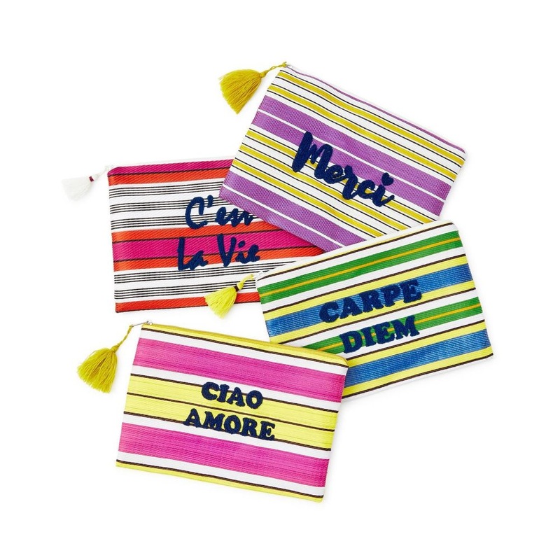 Two’s Company Message Pouches in Recycled Stripe Woven Fabric with Embroidered Terry Cloth Letters Assorted 4 Designs