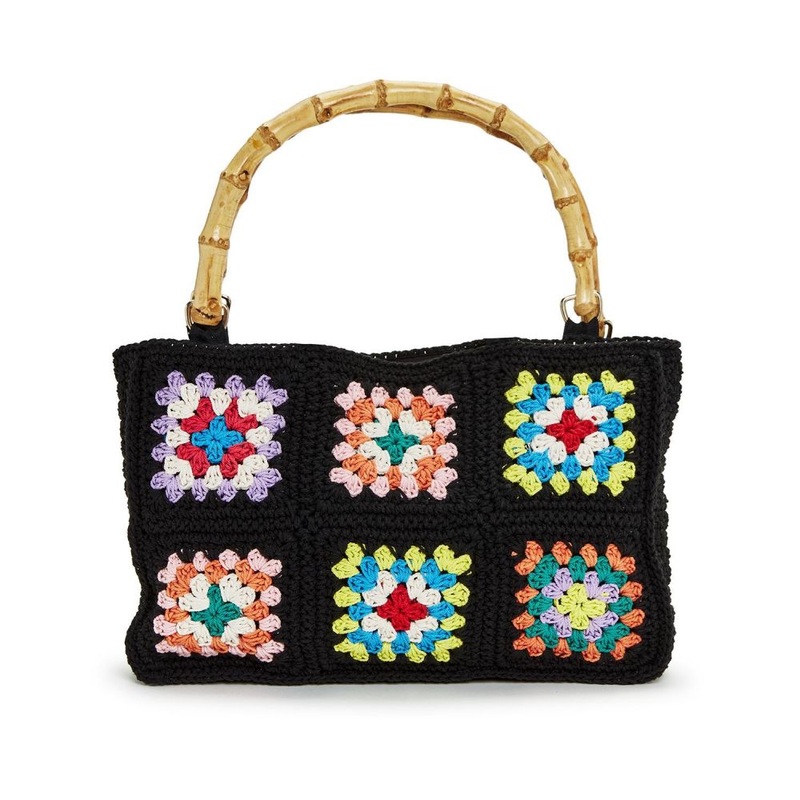 Two’s Company Midnight Blossom Hand Crochet Tote Bag with Real Bamboo Handle – Cotton/Bamboo