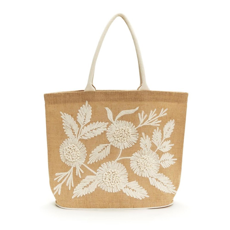 Two’s Company Natural Bloom Embroidered Floral Design on Jute Tote Bag with Corded Handles and Coated Lining