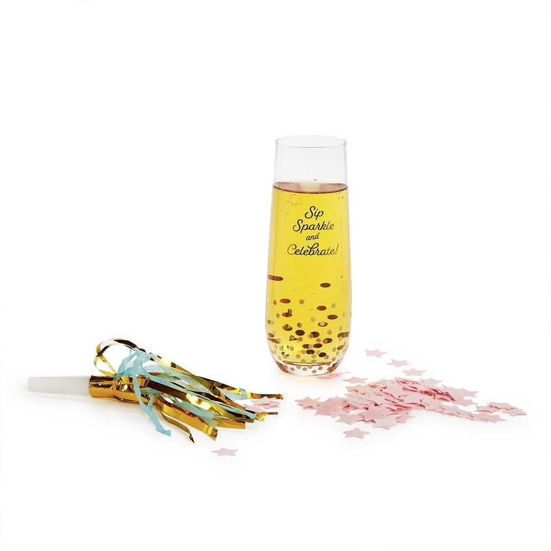 Two’s Company Oh Happy Day! Stemless Champagne Glass w/ Champagne Scented Star Bath Confetti & Noise Make