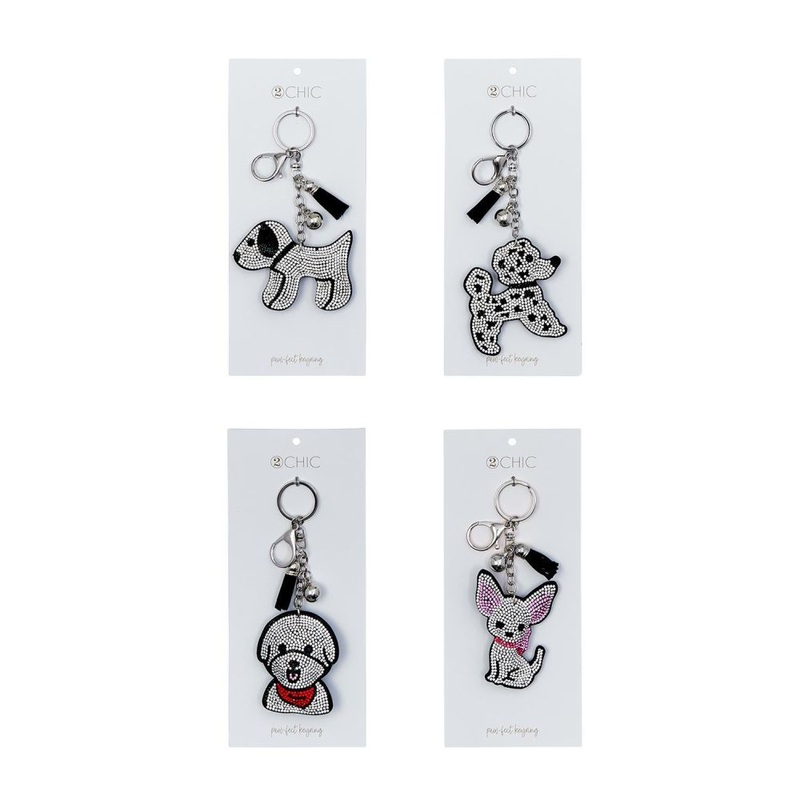Two’s Company Paw-fect Key Chain with Rhinestone Applique Assorted 4 Dogs – Cotton/Glass/Metal