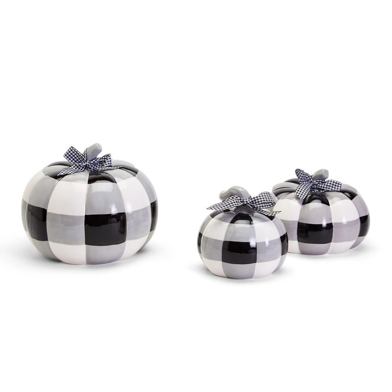 Two’s Company Set of 3 Buffalo Check Pumpkins with Ribbon