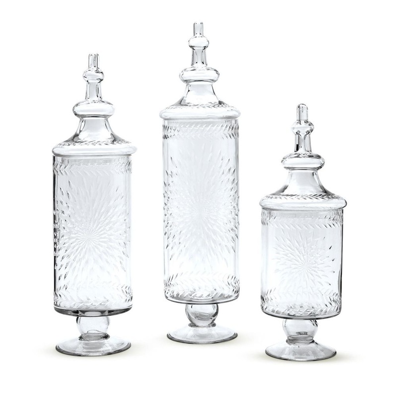 Two’s Company Set of 3 Hand-Etched Footed Apothecary Jars with Lid – Hand-crafted Glass