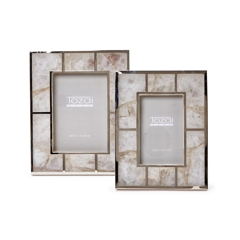 Two’s Company White Quartz Set of 2 Photo Frame with Nickel Trim in Gift Box In 2 Sizes