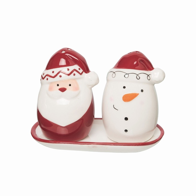 Transpac Dolomite Snowman/Santa Salt & Pepper Shakers Set With Tray