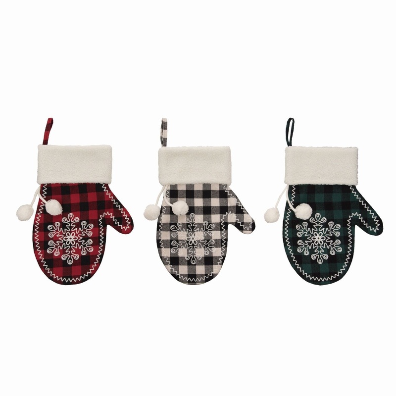 Transpac Fabric Plaid Mitten Stocking, Set Of 3, Assortment