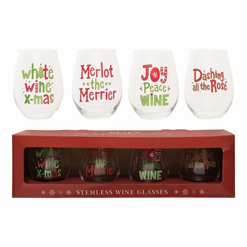 Transpac Glass 18Oz Stemless Wine Glasses, Set Of 4