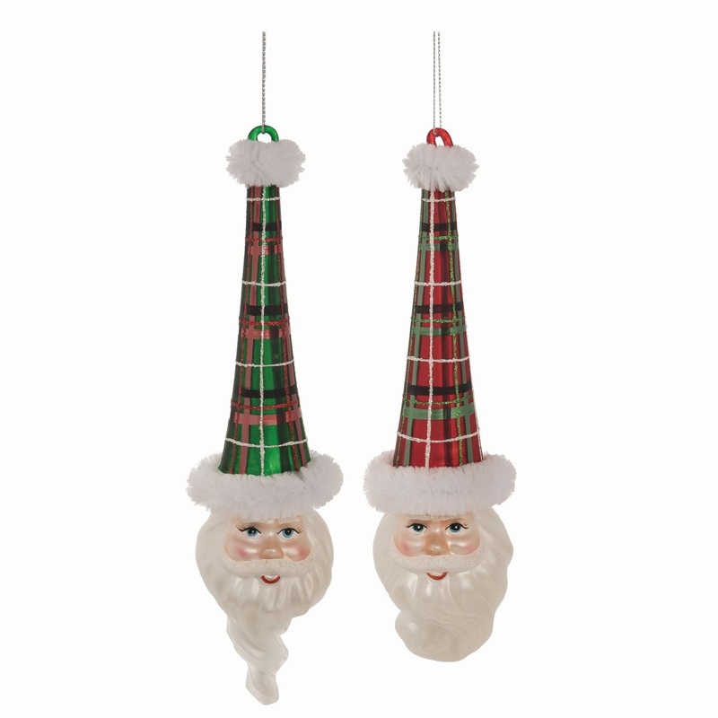 Transpac Glass Plaid Hat Santa Ornament, Set Of 2, Assortment