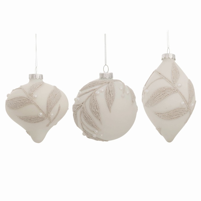 Transpac Glass White Leaf Ornament, Set Of 3, Assortment