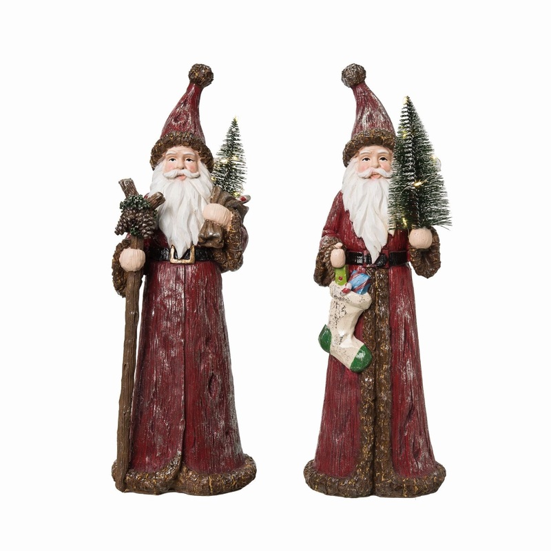 Transpac Large Resin Carved Santa With Light Up Tree, Set Of 2, Assortment