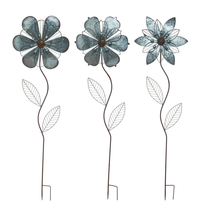 Transpac Metal Blooming Flower Yard Stake, Set Of 3, Assortment