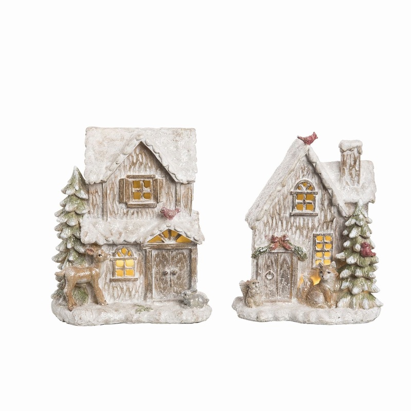 Transpac Resin Light Up Holiday Cabin Decor, Set Of 2, Assortment