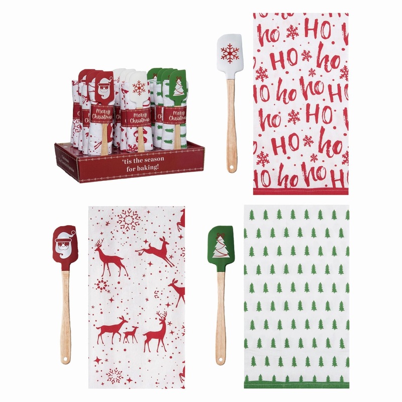 Transpac Silicone Spatula & Cotton Tea Towel Gift Sets In Display, Set Of 12