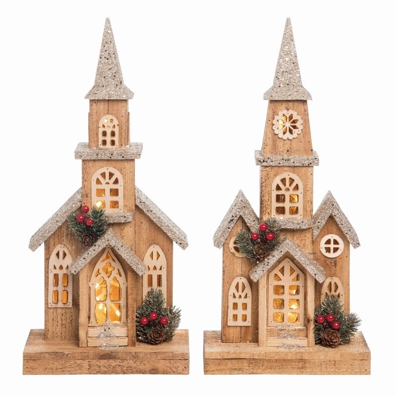 Transpac Wood Light Up Chapel, Set Of 2, Assortment