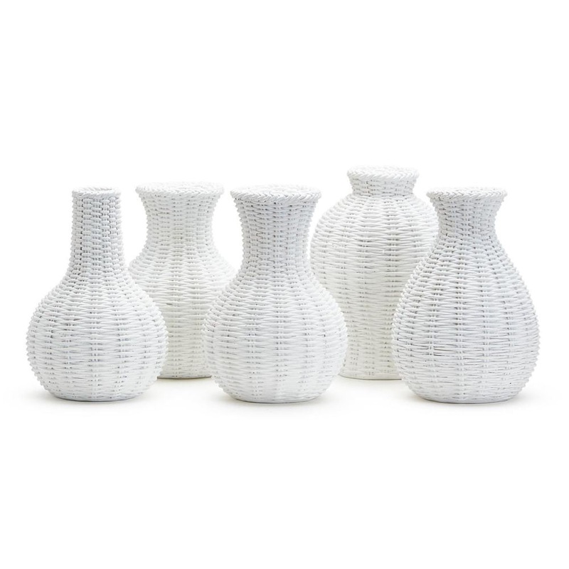 Two’s Company Natural Beauties Set of 5 White Basket Weave Pattern Vases – Resin