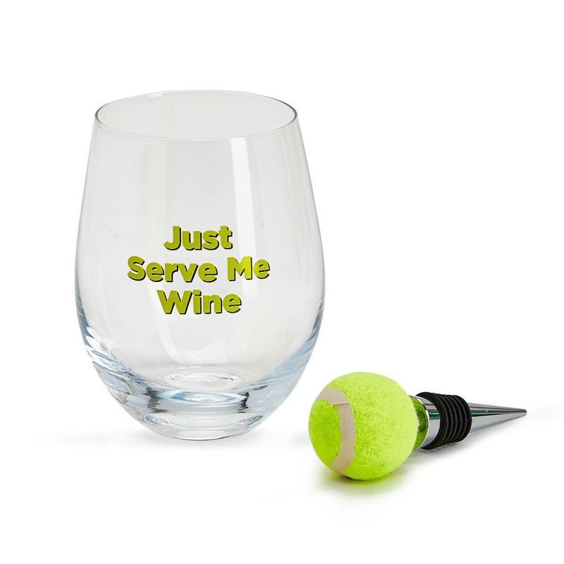 Two’s Company Tennis Stemless Wine Glass With Tennis Ball Wine Stopper