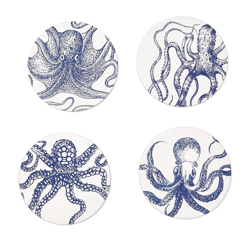 Two’s Octopi Set of 40 Heavyweight Paper Coasters In Gift Box with 4 Designs
