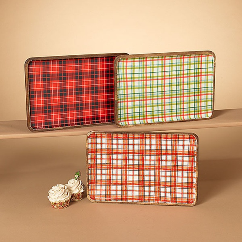 Gerson Company 13.7L Wood Holiday Plaid Design Plate, 3 Asst